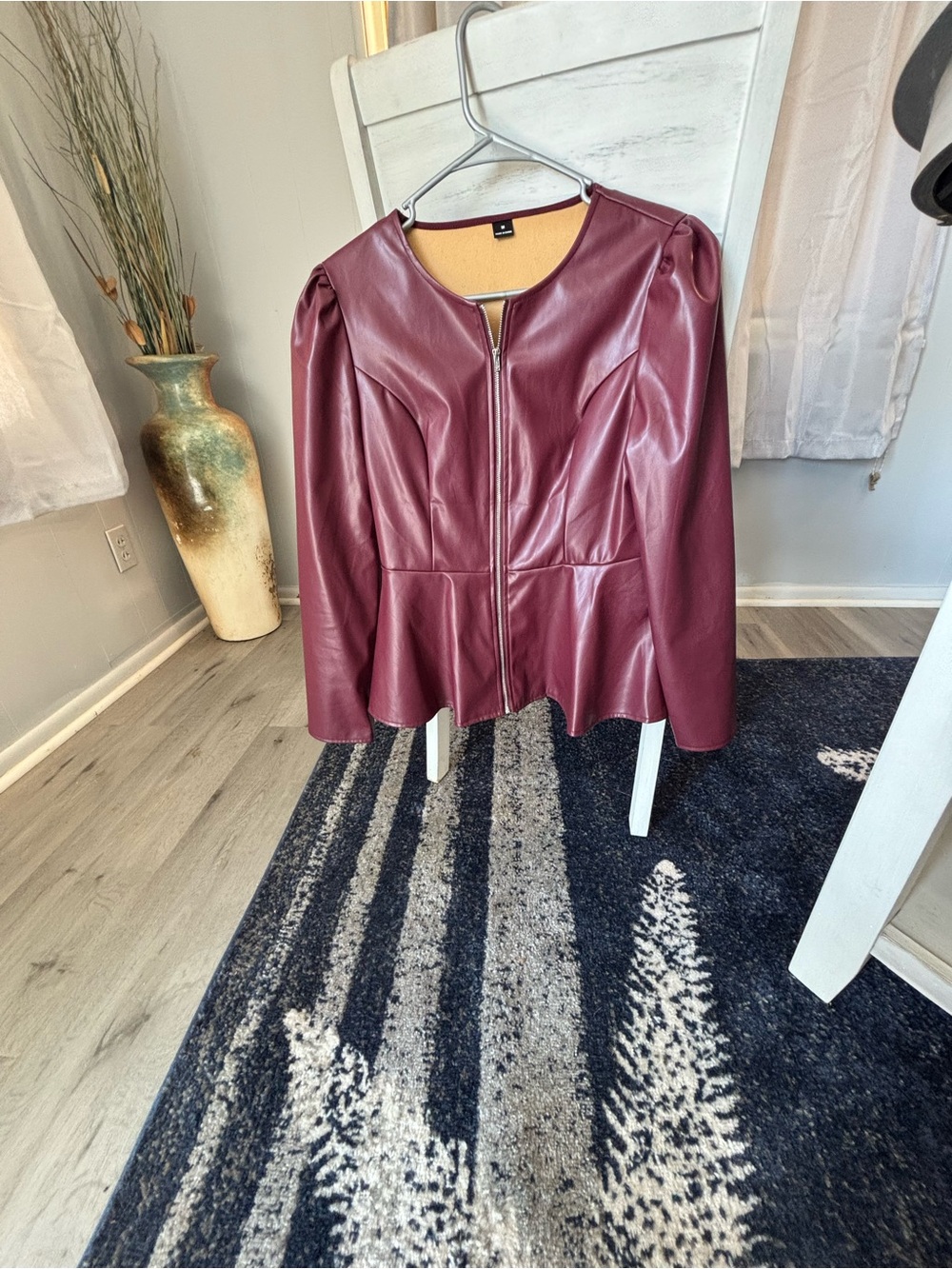 SHEIN Burgundy Faux Leather Peplum Jacket